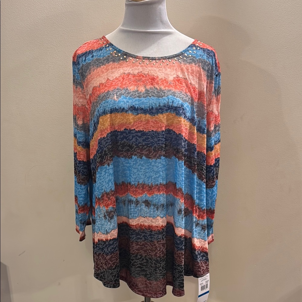 Ruby Rd Blue and Orange Relaxed 3/4 Sleeve Tunic